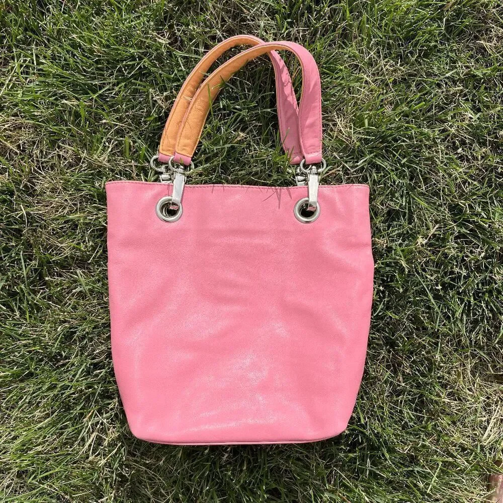 Talbots Y2K Pink Leather Tote Bag w/ Orange Handles Pastel Retro Shoulder Purse - Picture 2 of 7